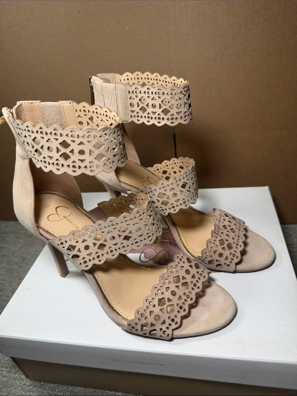 Jessica Simpson Nude Laser-Cut Suede Heel Sandals 4 inches